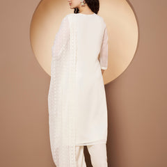 Off-White-Pink Chickenkari Adda Work Embroidered Kurta with Palazzo and Embroidered Dupatta