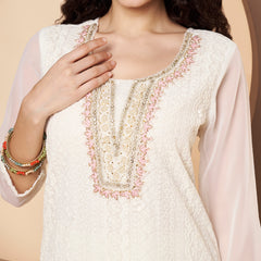 Off-White-Pink Chickenkari Adda Work Embroidered Kurta with Palazzo and Embroidered Dupatta