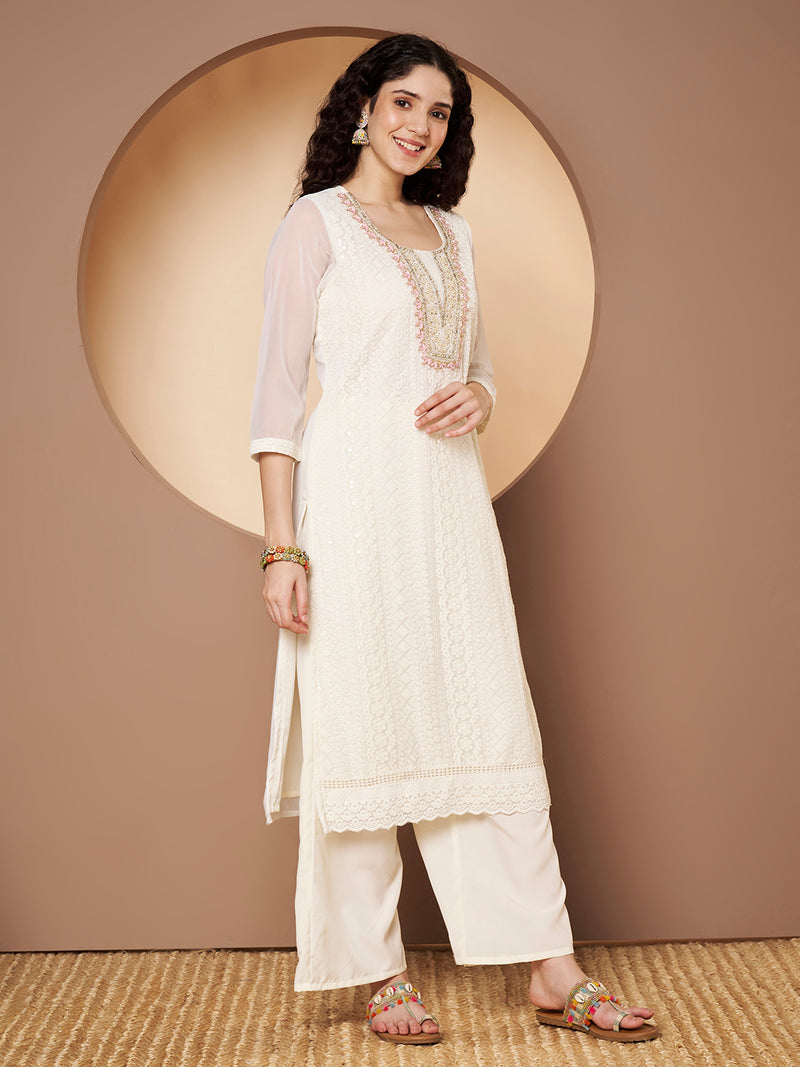 Off-White-Pink Chickenkari Adda Work Embroidered Kurta with Palazzo and Embroidered Dupatta