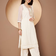 Off-White-Pink Chickenkari Adda Work Embroidered Kurta with Palazzo and Embroidered Dupatta