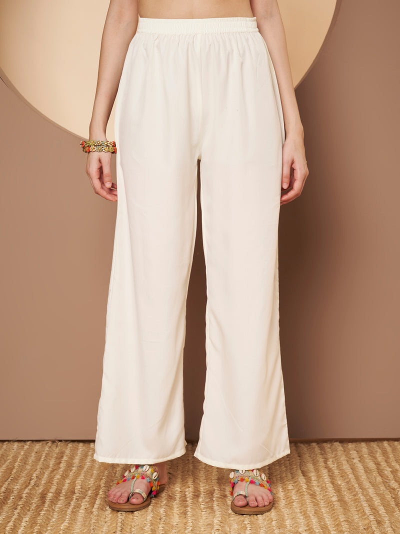 Off-White-Pink Chickenkari Adda Work Embroidered Kurta with Palazzo and Embroidered Dupatta