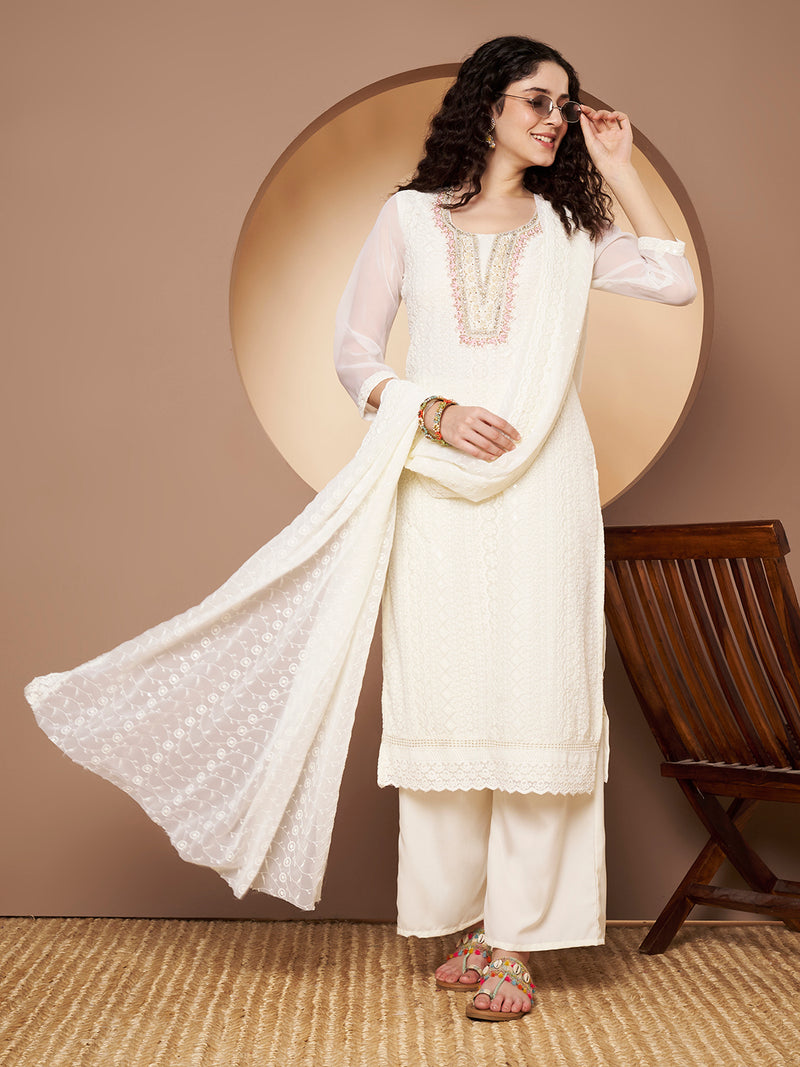 Off-White-Pink Chickenkari Adda Work Embroidered Kurta with Palazzo and Embroidered Dupatta