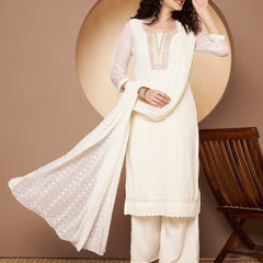 Off-White-Pink Chickenkari Adda Work Embroidered Kurta with Palazzo and Embroidered Dupatta