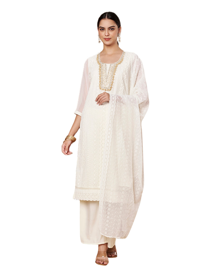 Off-White & Skin Chickenkari Adda Work Embroidered Kurta with Palazzo and Embroidered Dupatta