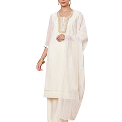 Off-White & Skin Chickenkari Adda Work Embroidered Kurta with Palazzo and Embroidered Dupatta