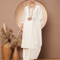 Off-White & Skin Chickenkari Adda Work Embroidered Kurta with Palazzo and Embroidered Dupatta