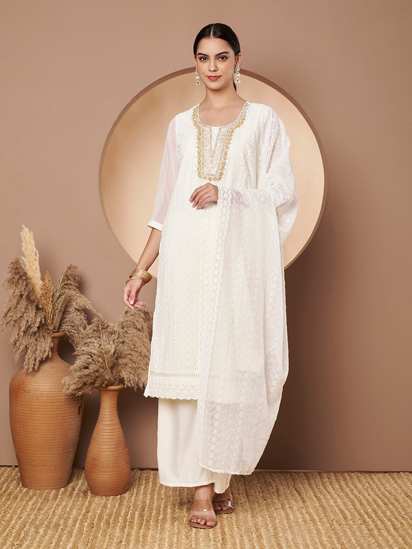 Off-White & Skin Chickenkari Adda Work Embroidered Kurta with Palazzo and Embroidered Dupatta