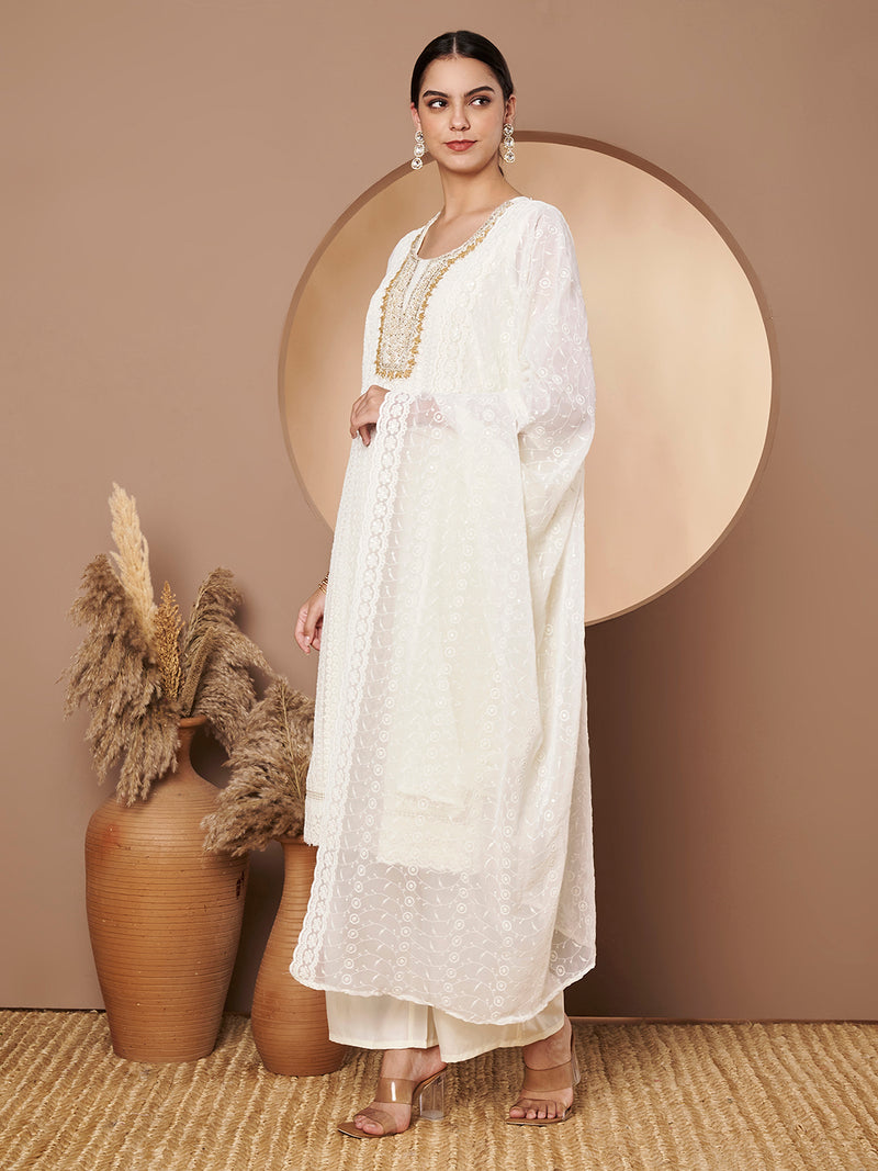 Off-White & Skin Chickenkari Adda Work Embroidered Kurta with Palazzo and Embroidered Dupatta