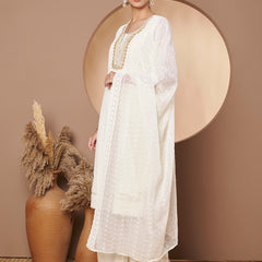 Off-White & Skin Chickenkari Adda Work Embroidered Kurta with Palazzo and Embroidered Dupatta
