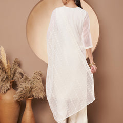 Off-White & Skin Chickenkari Adda Work Embroidered Kurta with Palazzo and Embroidered Dupatta