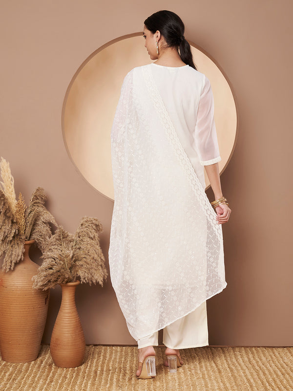 Off-White & Skin Chickenkari Adda Work Embroidered Kurta with Palazzo and Embroidered Dupatta
