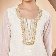 Off-White & Skin Chickenkari Adda Work Embroidered Kurta with Palazzo and Embroidered Dupatta