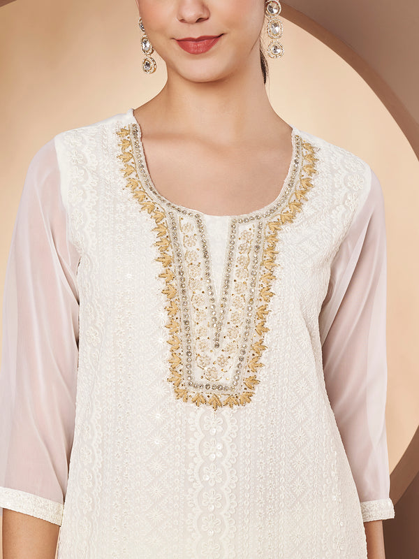Off-White & Skin Chickenkari Adda Work Embroidered Kurta with Palazzo and Embroidered Dupatta