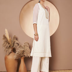 Off-White & Skin Chickenkari Adda Work Embroidered Kurta with Palazzo and Embroidered Dupatta