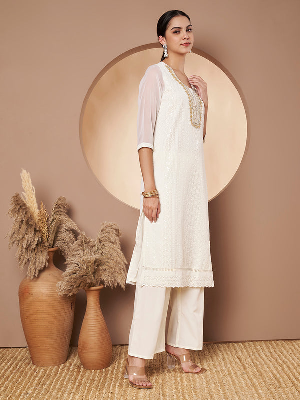 Off-White & Skin Chickenkari Adda Work Embroidered Kurta with Palazzo and Embroidered Dupatta