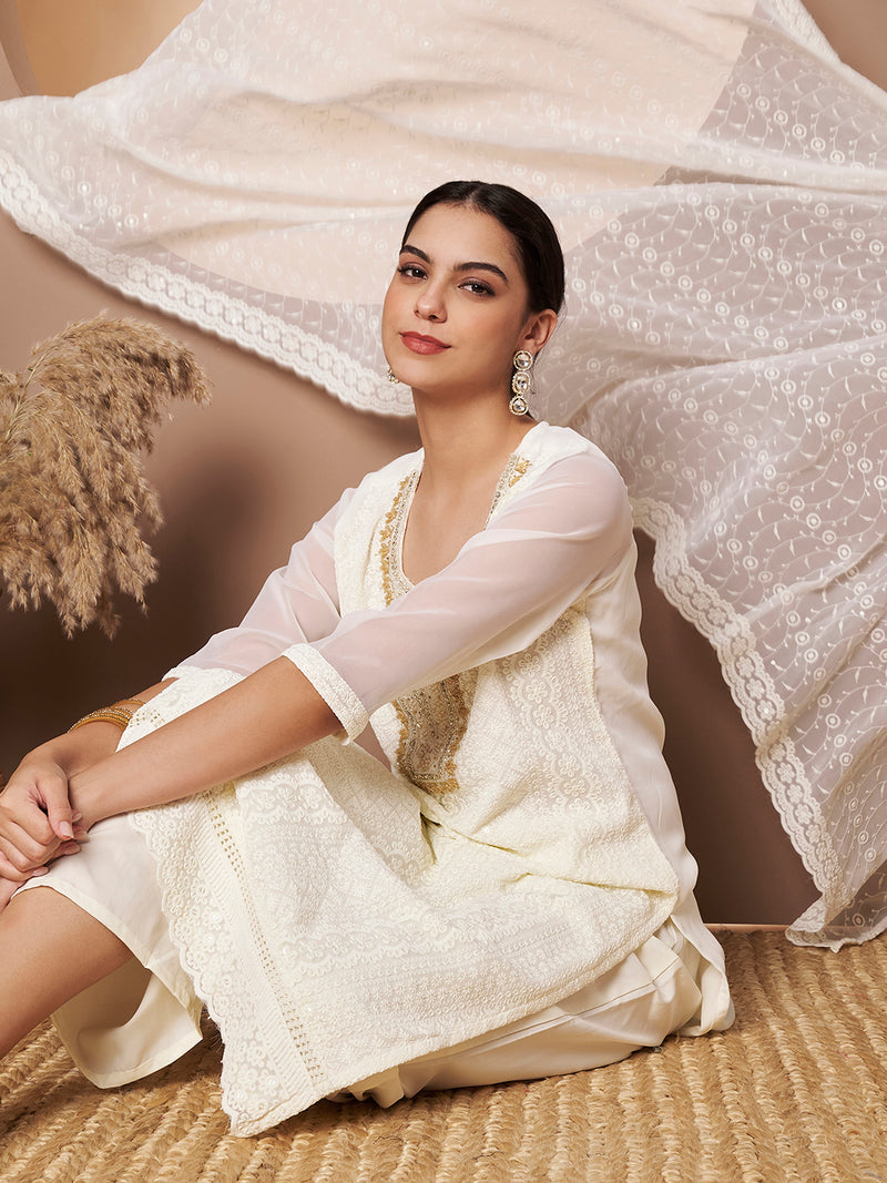 Off-White & Skin Chickenkari Adda Work Embroidered Kurta with Palazzo and Embroidered Dupatta