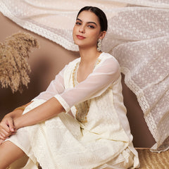 Off-White & Skin Chickenkari Adda Work Embroidered Kurta with Palazzo and Embroidered Dupatta