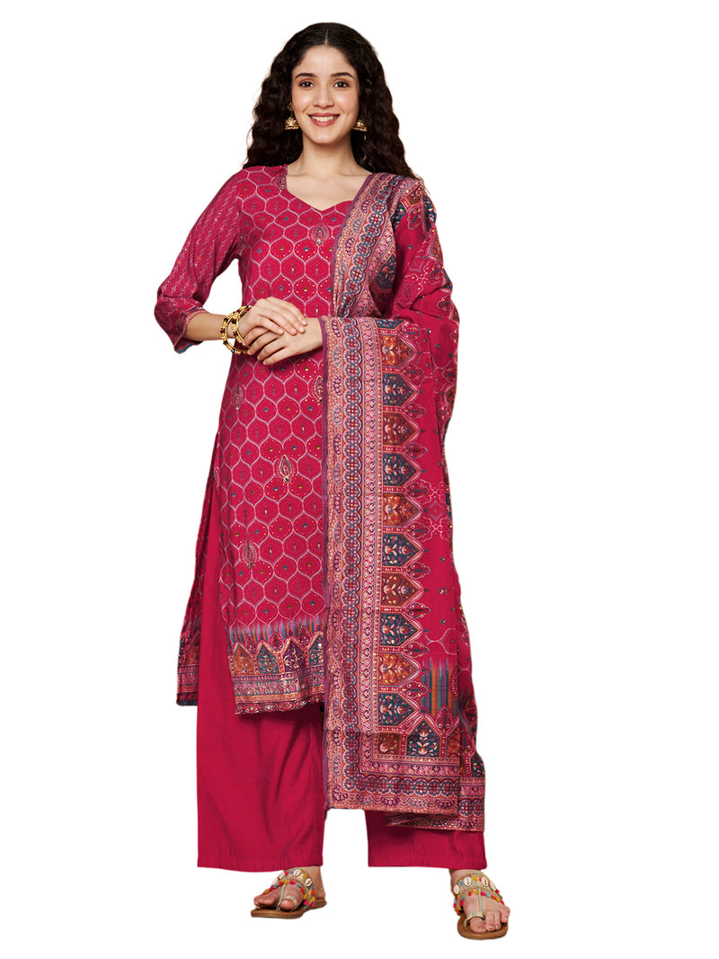 Women Magenta Printed Kurta with Palazzo & Printed Dupatta