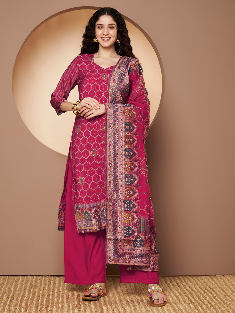 Women Magenta Printed Kurta with Palazzo & Printed Dupatta