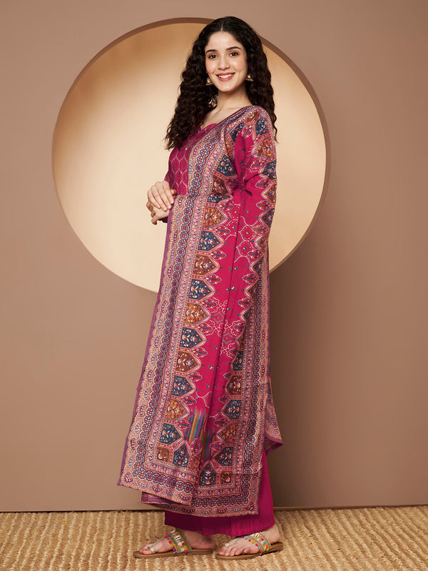 Women Magenta Printed Kurta with Palazzo & Printed Dupatta