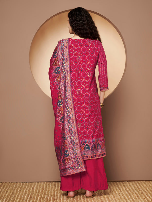 Women Magenta Printed Kurta with Palazzo & Printed Dupatta