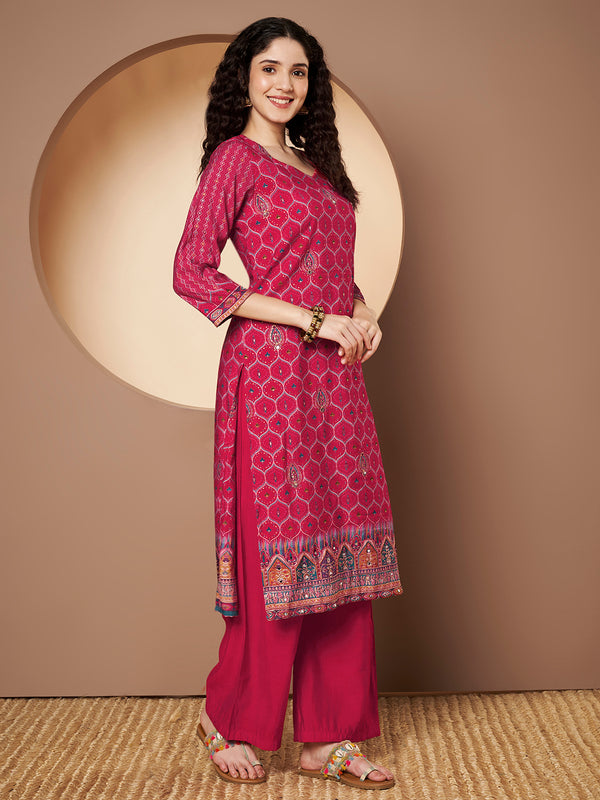 Women Magenta Printed Kurta with Palazzo & Printed Dupatta