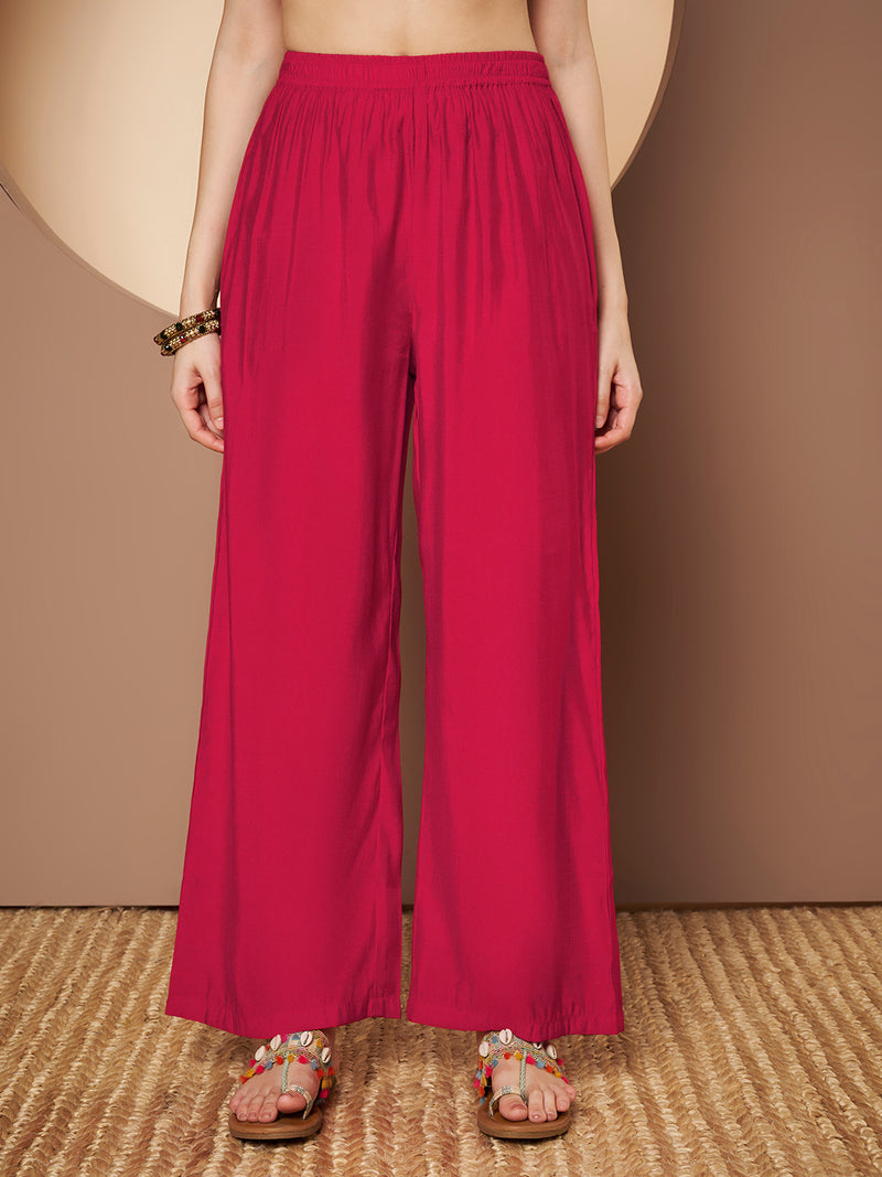 Women Magenta Printed Kurta with Palazzo & Printed Dupatta