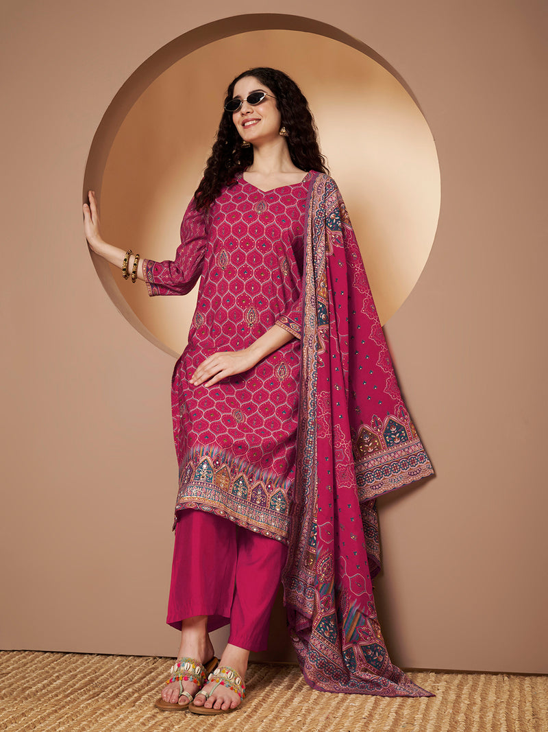 Women Magenta Printed Kurta with Palazzo & Printed Dupatta