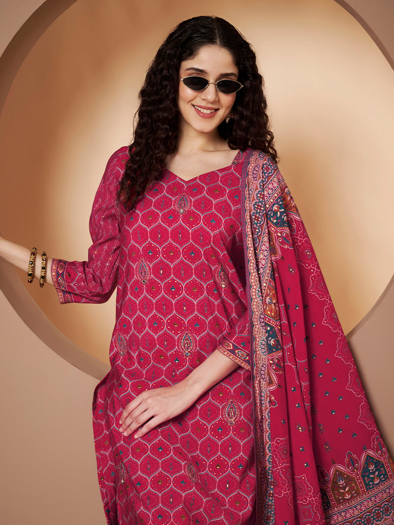 Women Magenta Printed Kurta with Palazzo & Printed Dupatta