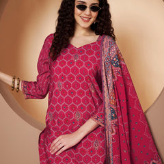 Women Magenta Printed Kurta with Palazzo & Printed Dupatta