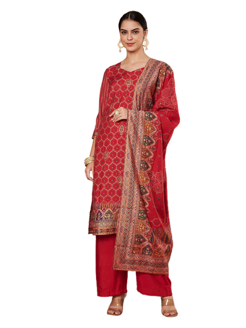 Women Red Printed Kurta with Palazzo & Printed Dupatta