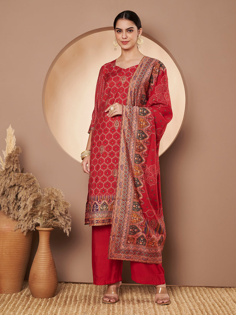 Women Red Printed Kurta with Palazzo & Printed Dupatta