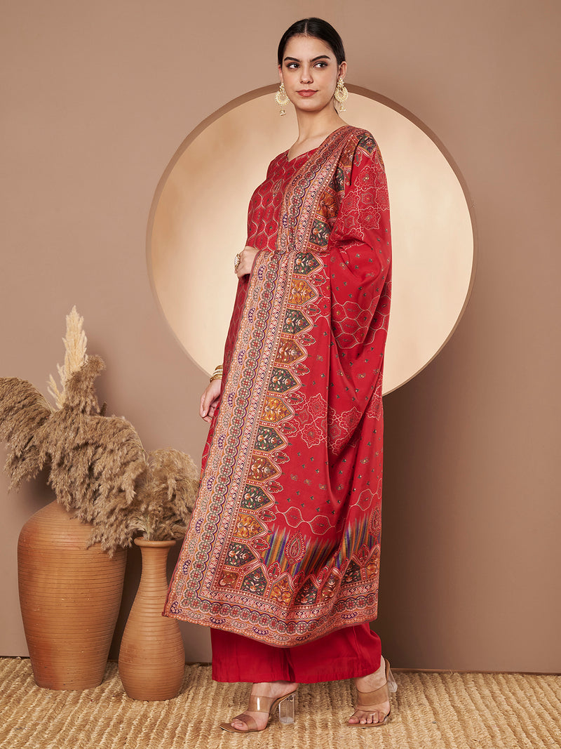 Women Red Printed Kurta with Palazzo & Printed Dupatta