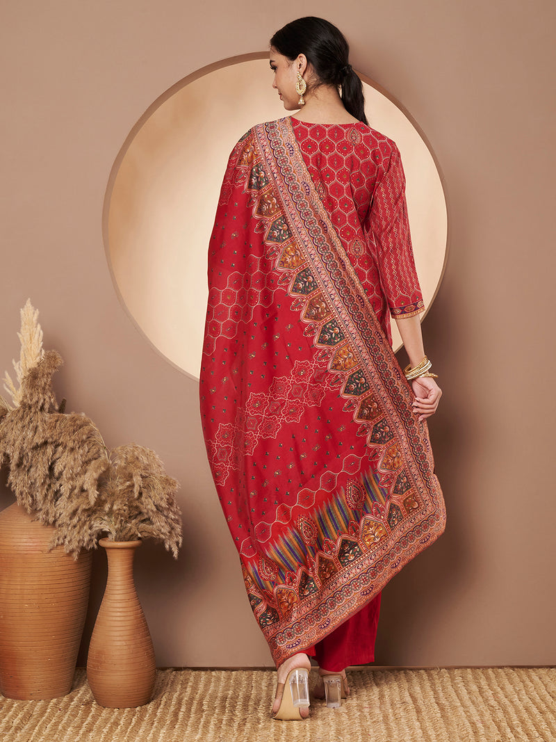 Women Red Printed Kurta with Palazzo & Printed Dupatta