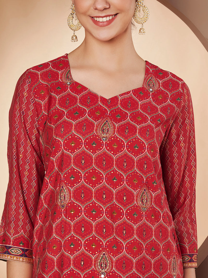 Women Red Printed Kurta with Palazzo & Printed Dupatta