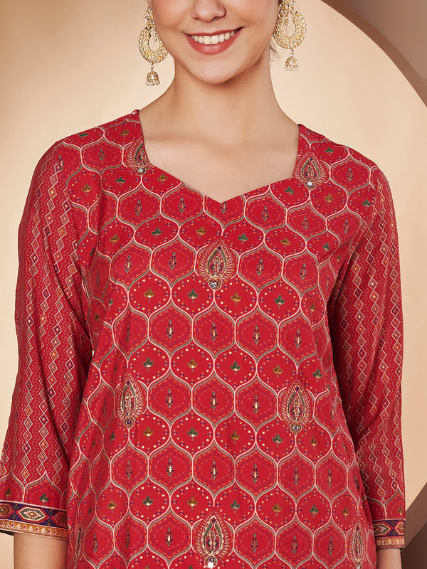 Women Red Printed Kurta with Palazzo & Printed Dupatta