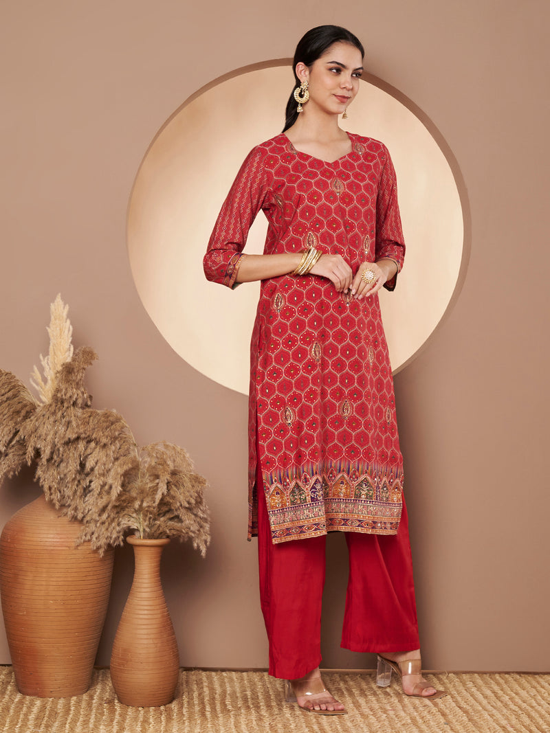 Women Red Printed Kurta with Palazzo & Printed Dupatta