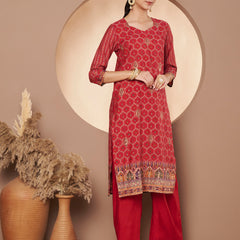 Women Red Printed Kurta with Palazzo & Printed Dupatta