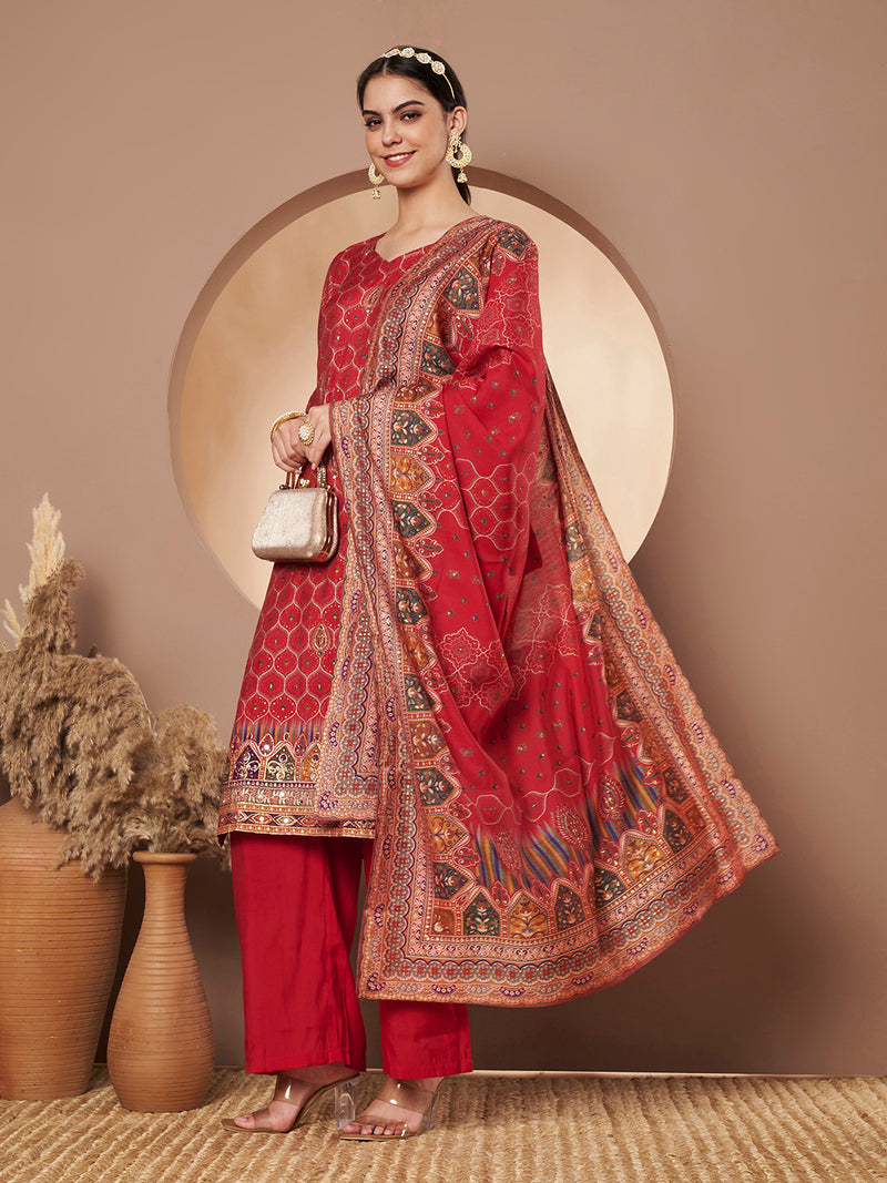 Women Red Printed Kurta with Palazzo & Printed Dupatta