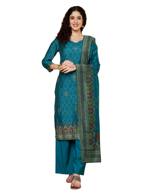 Women Teal-Blue Printed Kurta with Palazzo & Printed Dupatta