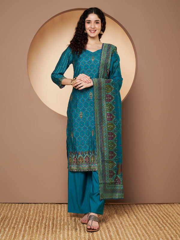 Women Teal-Blue Printed Kurta with Palazzo & Printed Dupatta