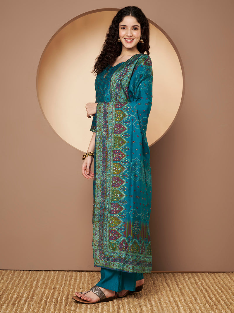 Women Teal-Blue Printed Kurta with Palazzo & Printed Dupatta