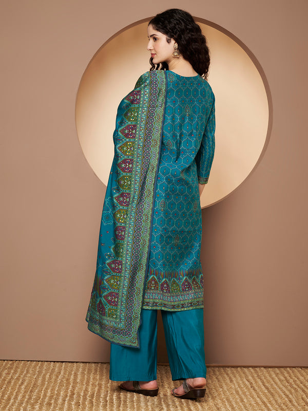 Women Teal-Blue Printed Kurta with Palazzo & Printed Dupatta