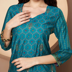 Women Teal-Blue Printed Kurta with Palazzo & Printed Dupatta