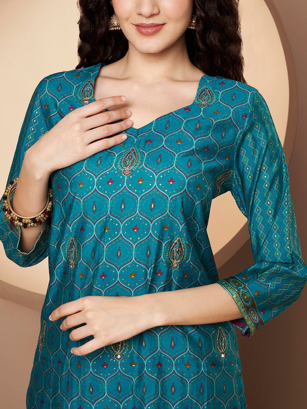 Women Teal-Blue Printed Kurta with Palazzo & Printed Dupatta