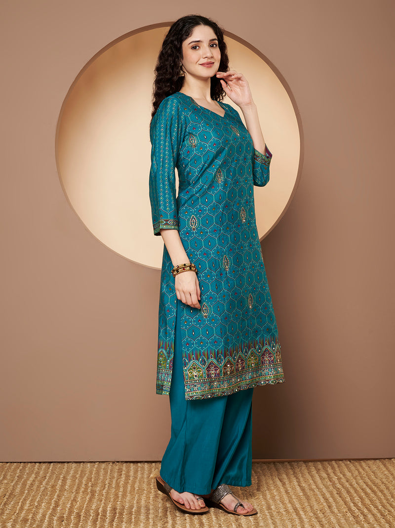 Women Teal-Blue Printed Kurta with Palazzo & Printed Dupatta