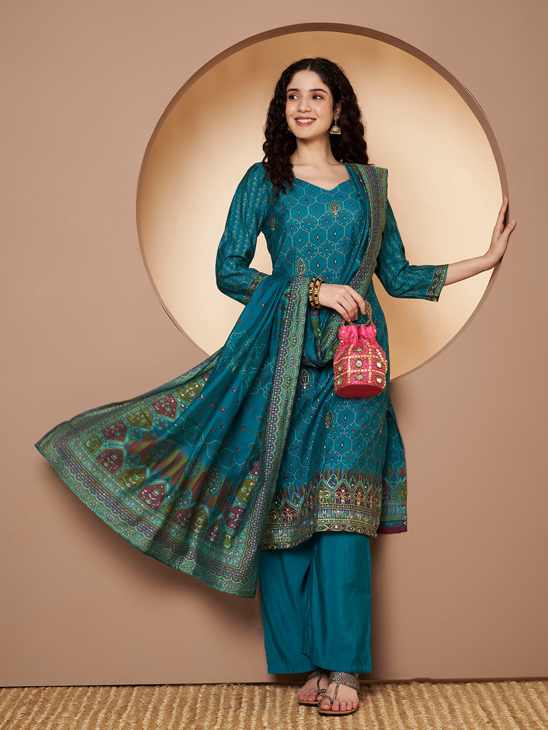 Women Teal-Blue Printed Kurta with Palazzo & Printed Dupatta