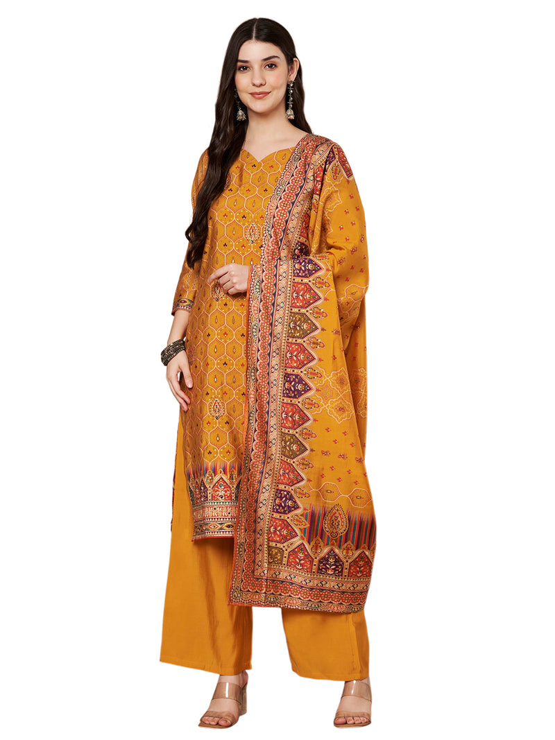 Mustard Printed Kurta with Palazzo & Printed Dupatta