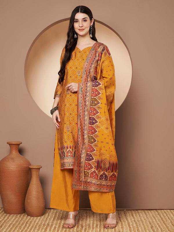 Mustard Printed Kurta with Palazzo & Printed Dupatta