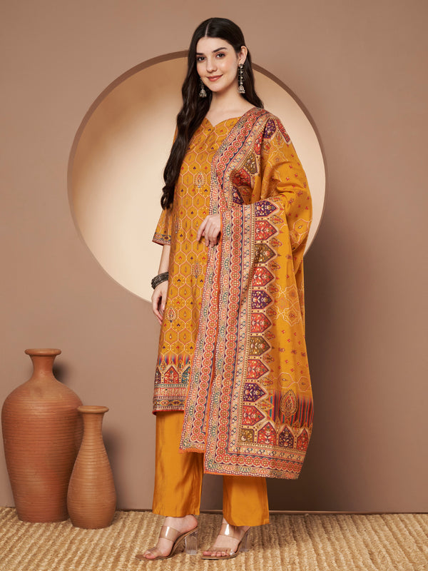 Mustard Printed Kurta with Palazzo & Printed Dupatta